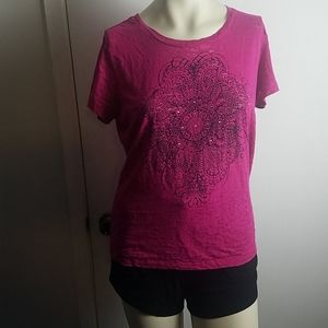 Pink partially sheer with graphic & gems Tshirt